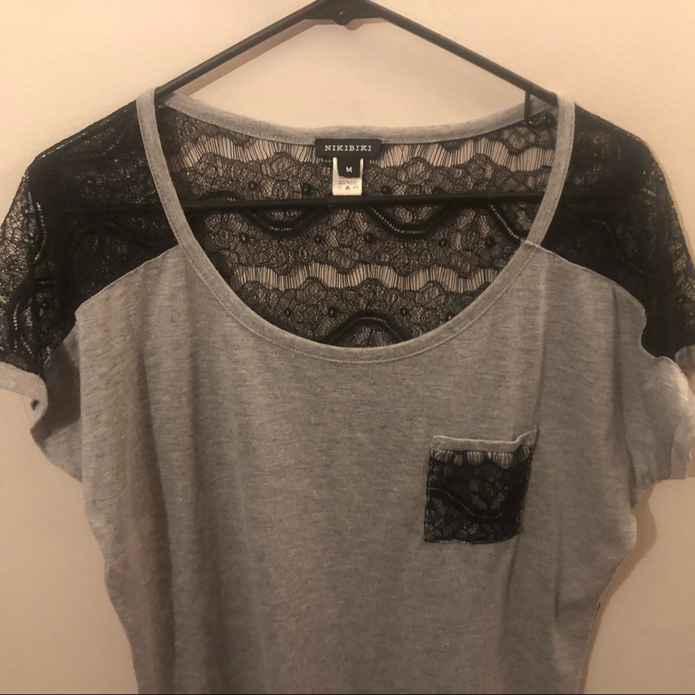 NIKIBIKI  Black Lace Grey Pocket Tee
